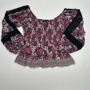 Angie Pink and Black Y2K Floral Blouse W MED. Balloon Sleeves Shirring